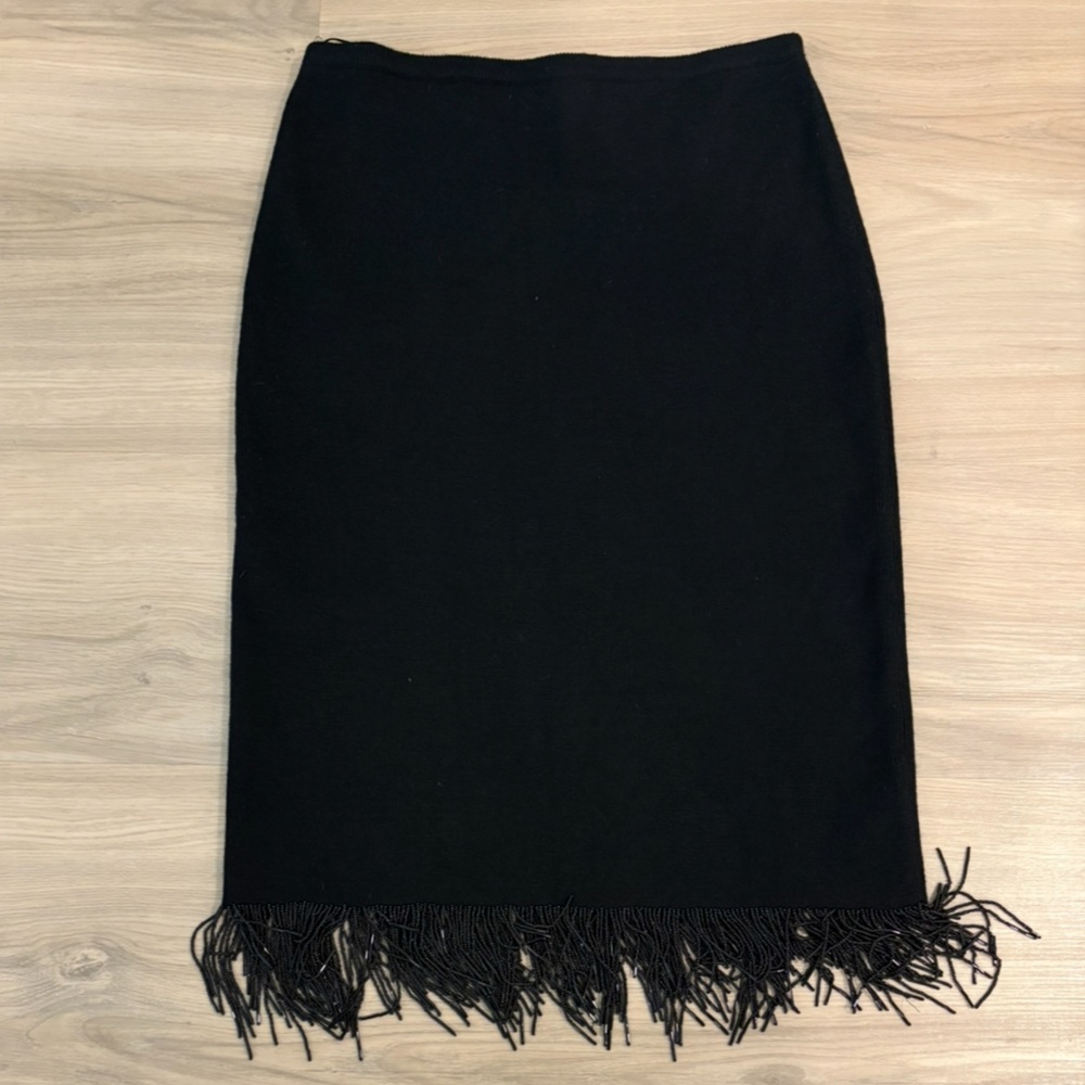 Trio New York Classic Black Knit Beaded Fringe Skirt